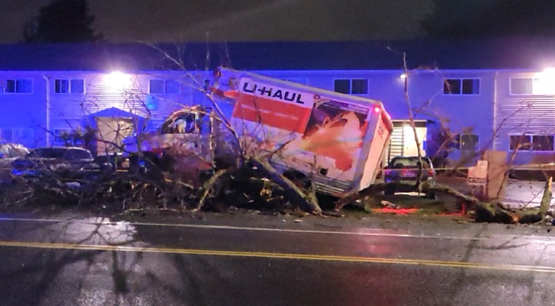 Nathan Beach, 18, was arrested after this stolen U-Haul crashed into another vehicle in Hillsboro, April 2, 2023 (KOIN)