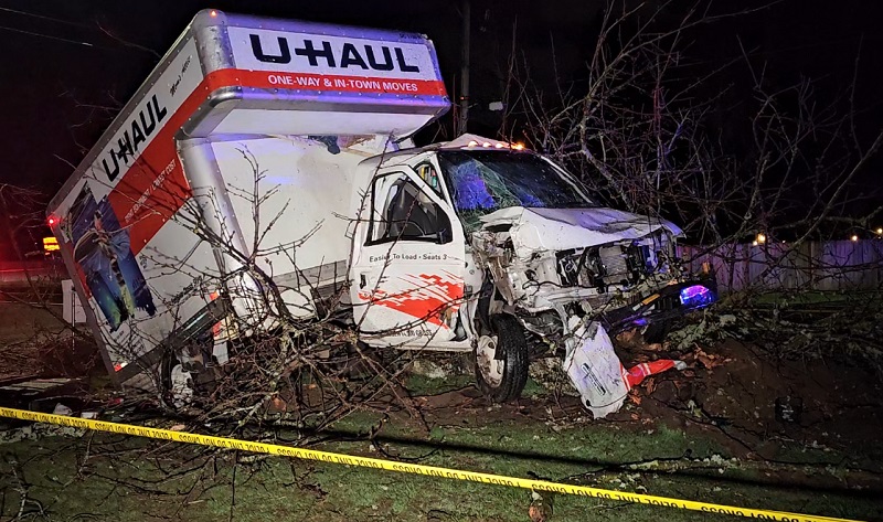 Nathan Beach, 18, was arrested after this stolen U-Haul crashed into another vehicle in Hillsboro, April 2, 2023 (KOIN)