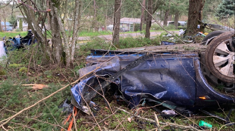 A Tesla driver was critically hurt after a high-speed crash in Oregon City, April 23, 2023 (Clackamas Fire)