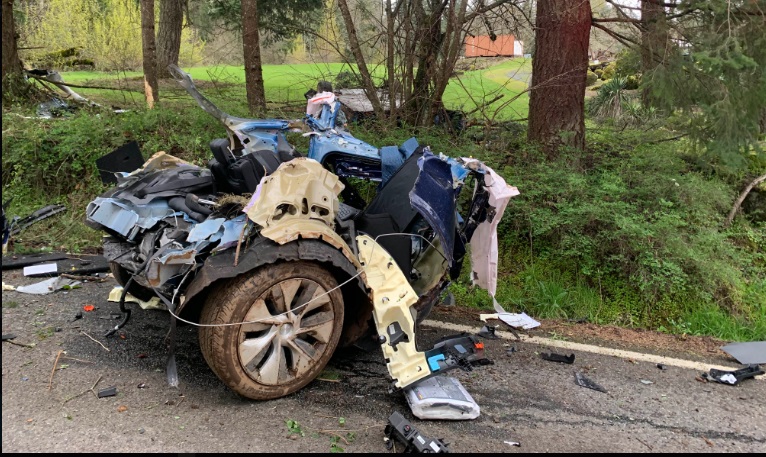 A Tesla driver was critically hurt after a high-speed crash in Oregon City, April 23, 2023 (Clackamas Fire)