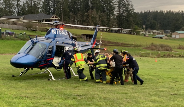 A Tesla driver was critically hurt after a high-speed crash in Oregon City, April 23, 2023 (Clackamas Fire)