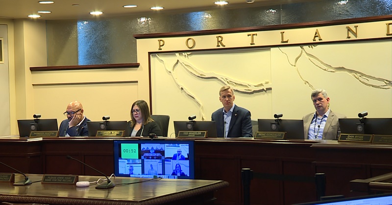 City Commissioners Mingus Mapps and Carmen Rubio, Mayor Ted Wheeler and Commissioner Rene Gonzalez during a Portland City Council meeting, March 2023 (KOIN)