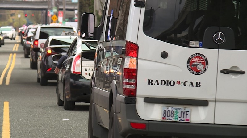 Taxis paraded through the streets of Portland during the public memorial for Radio Cab driver Reese Lawhon, April 22, 2023 (KOIN)