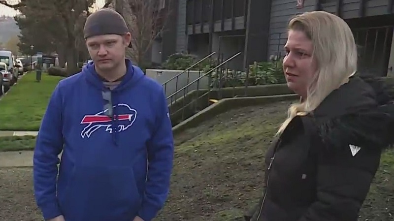 Dustin Olson and Jamie Bridenbaker heard the shots that killed a woman at the Wimbledon Square Gardens apartment complex near Reed College in Portland, April 17, 2023 (KOIN)