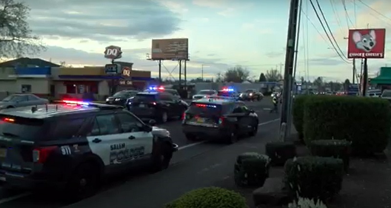 A Marion County Sheriff's Office patrol car was hit by gunfire near Lancaster Drive NE and Devonshire Court NE in Salem, April 30, 2023 (KOIN)