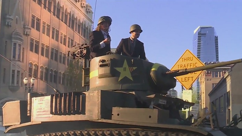 Camas student Sherman Bynum arrived to his prom at the Portland Art Museum in an M3A1 Stuart tank, April 29, 2023 (KOIN)