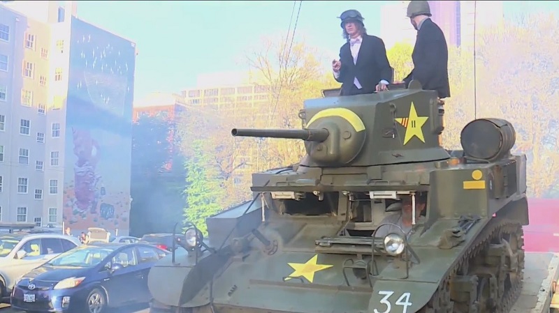 Camas student Sherman Bynum arrived to his prom at the Portland Art Museum in an M3A1 Stuart tank, April 29, 2023 (KOIN)