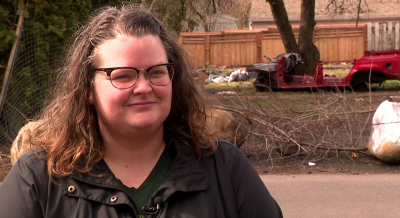 Beth Adams lives next door to an abandoned house at SE 139th and East Burnside that has been taken over by squatters in Portland, April 2023 (KOIN)