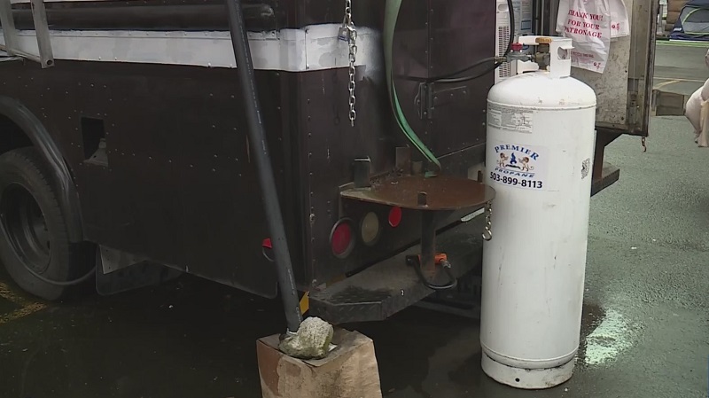 A propane tank at Tokyo Sando food truck at SW 2nd and Harvey Milk in Portland, April 16, 2023 (KOIN)