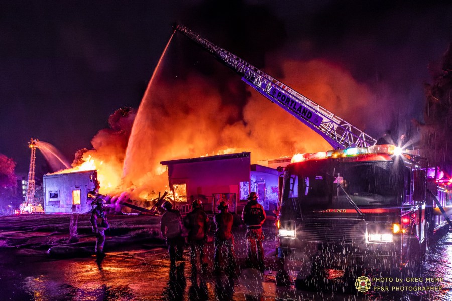 Wall of former Elk Ldge collapses as fire rips through the vacant building on Thursday, April 6, 2023