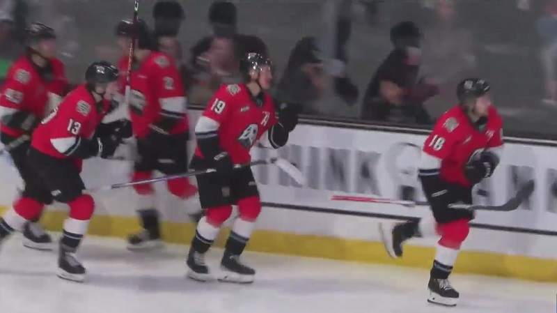 The Portland Winterhawks celebrate a goal against Everett, April 3, 2023 (KOIN)