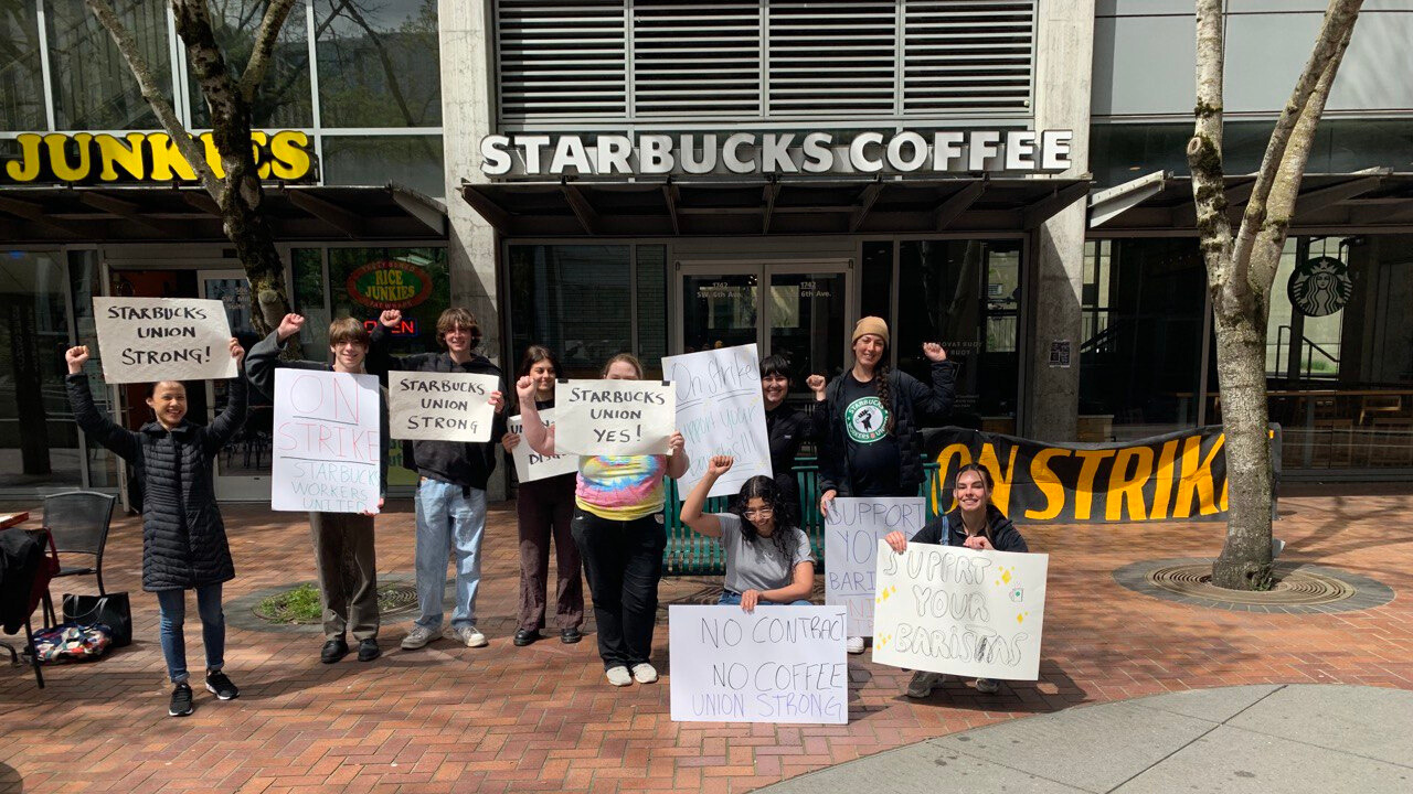 Portland State University Urban Center Starbucks workers go on strike