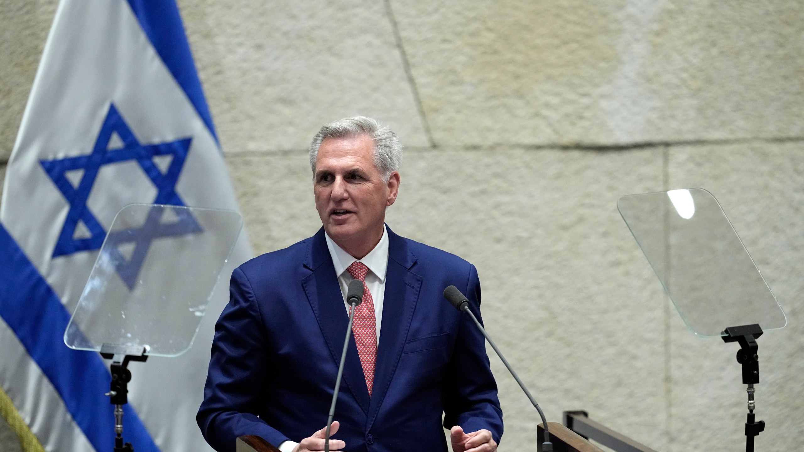 U.S. Speaker of the House Kevin McCarthy addresses lawmakers during a session of the Knesset, Israel's parliament, in Jerusalem, Monday, May 1, 2023. (AP Photo/Ohad Zwigenberg)