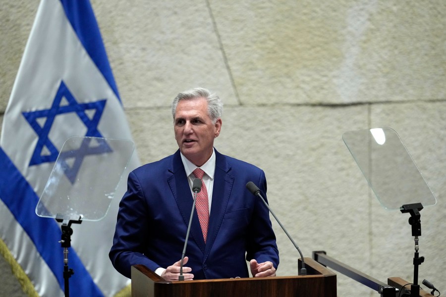 U.S. Speaker of the House Kevin McCarthy addresses lawmakers during a session of the Knesset, Israel's parliament, in Jerusalem, Monday, May 1, 2023. (AP Photo/Ohad Zwigenberg)