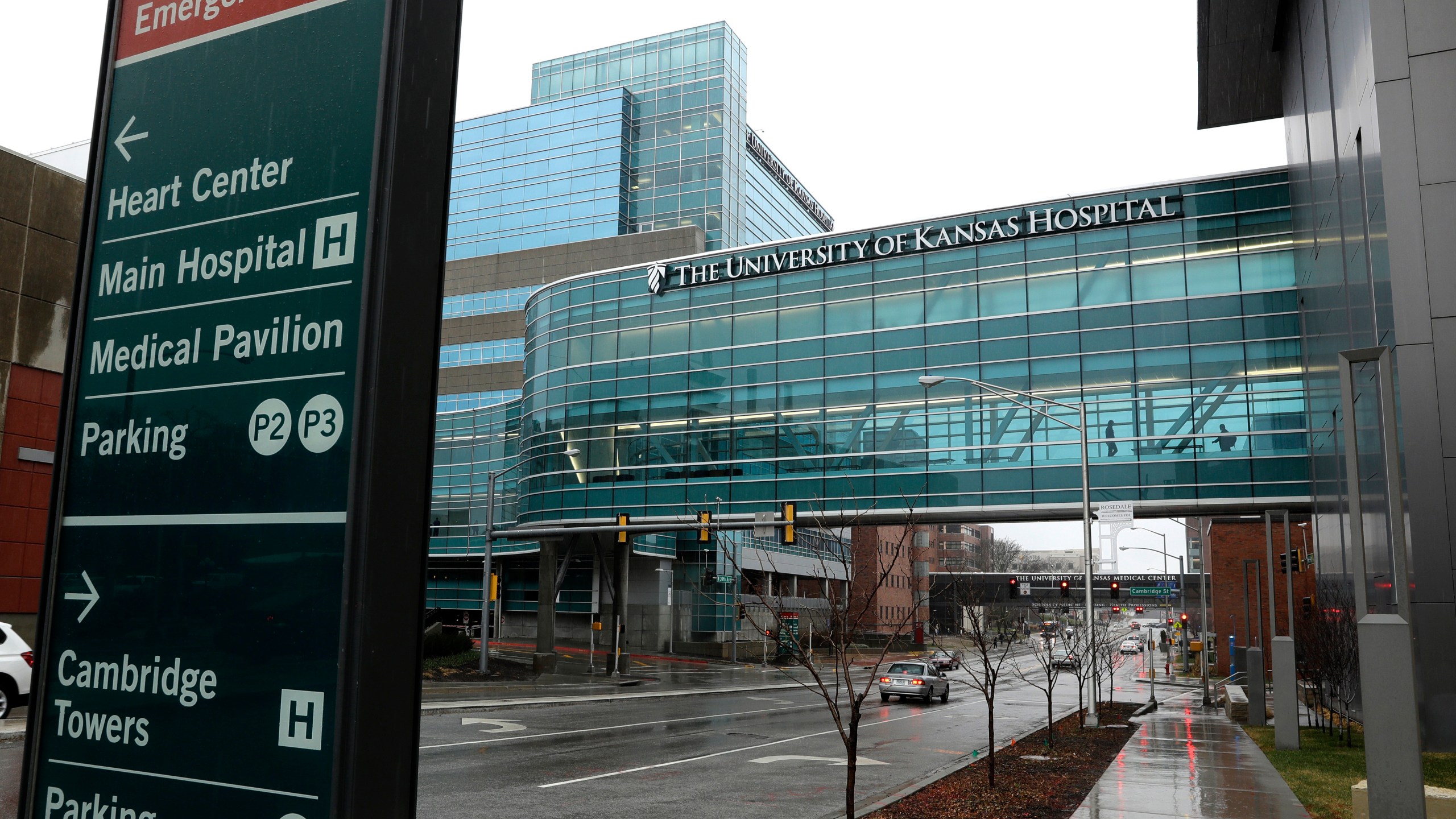 FILE - Buildings at the University of Kansas Hospital are seen on March 9, 2020, in Kansas City, Kan. A first-of-its-kind federal investigation has found that two hospitals, Freeman Health System in Joplin, Mo., and University of Kansas Hospital in Kansas City, put a pregnant woman's life in jeopardy and violated federal law by refusing to provide an emergency abortion when she was experiencing premature labor at 17 weeks. The findings are revealed in documents obtained by The Associated Press. (AP Photo/Charlie Riedel, File)