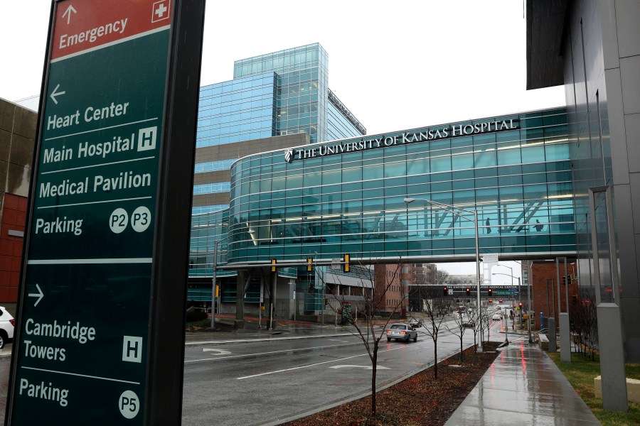 FILE - Buildings at the University of Kansas Hospital are seen on March 9, 2020, in Kansas City, Kan. A first-of-its-kind federal investigation has found that two hospitals, Freeman Health System in Joplin, Mo., and University of Kansas Hospital in Kansas City, put a pregnant woman's life in jeopardy and violated federal law by refusing to provide an emergency abortion when she was experiencing premature labor at 17 weeks. The findings are revealed in documents obtained by The Associated Press. (AP Photo/Charlie Riedel, File)