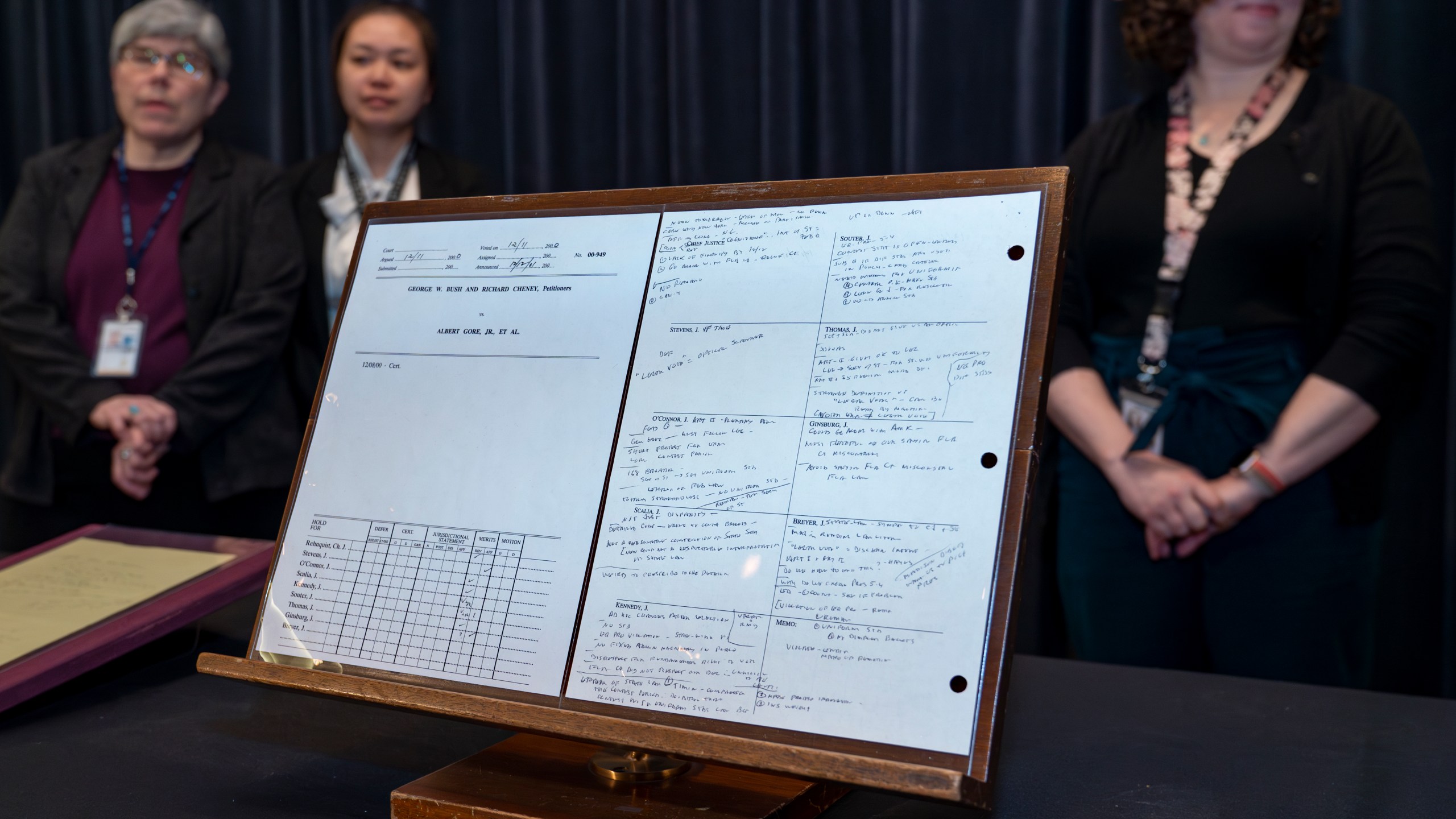 Papers of the late Supreme Court Justice John Paul Stevens are displayed, including his notes during Bush v. Gore, that will be made available to researchers at the Library of Congress, in Washington, Monday, May 1, 2023. (AP Photo/J. Scott Applewhite)