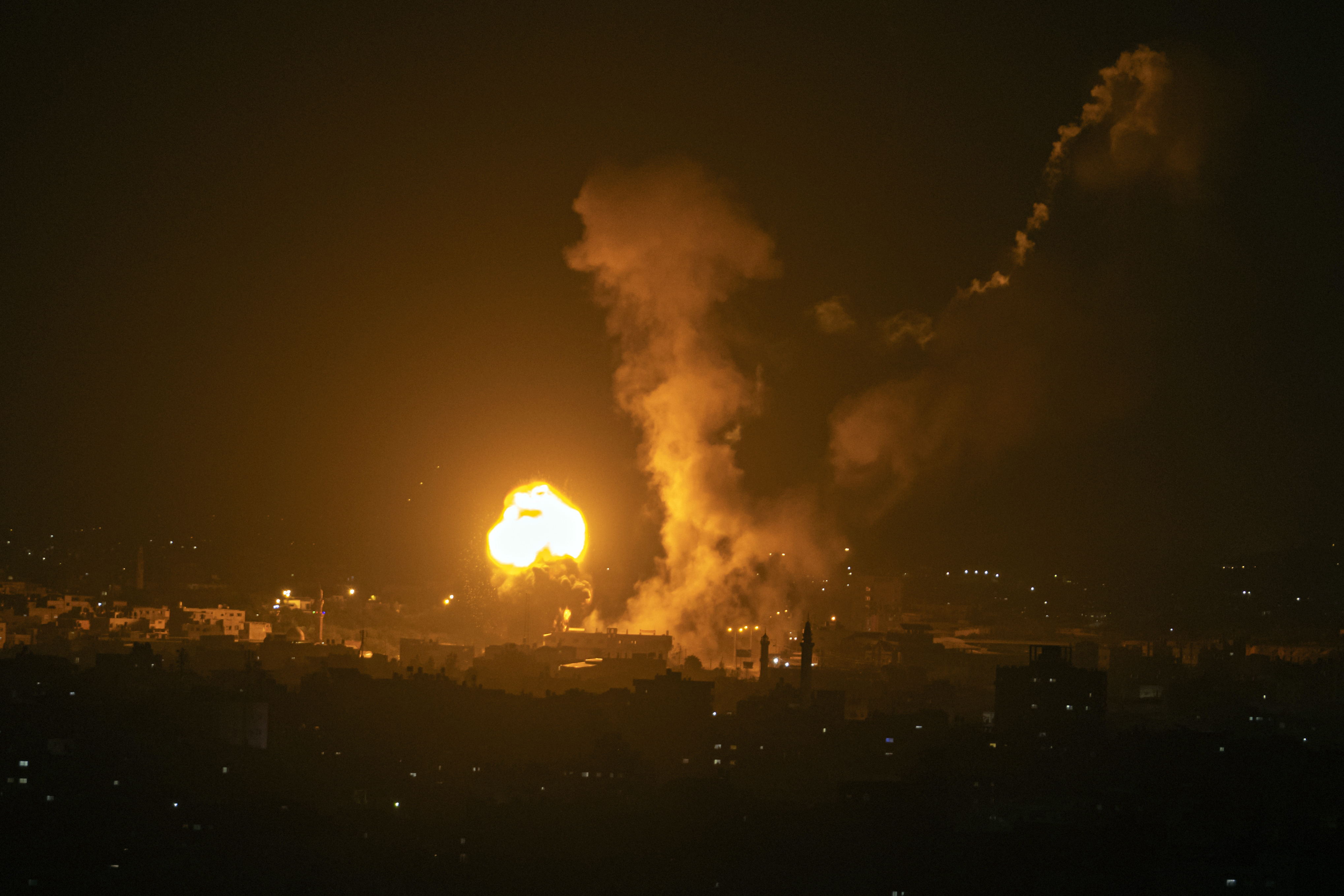 Fire and smoke rise following an Israeli airstrike in northern Gaza Strip, late Tuesday, May 2, 2023. The Israeli military said it had started airstrikes on Gaza targets, in response to earlier rocket salvos from the coastal strip, run by the militant Hamas group. (AP Photo/Fatima Shbair)