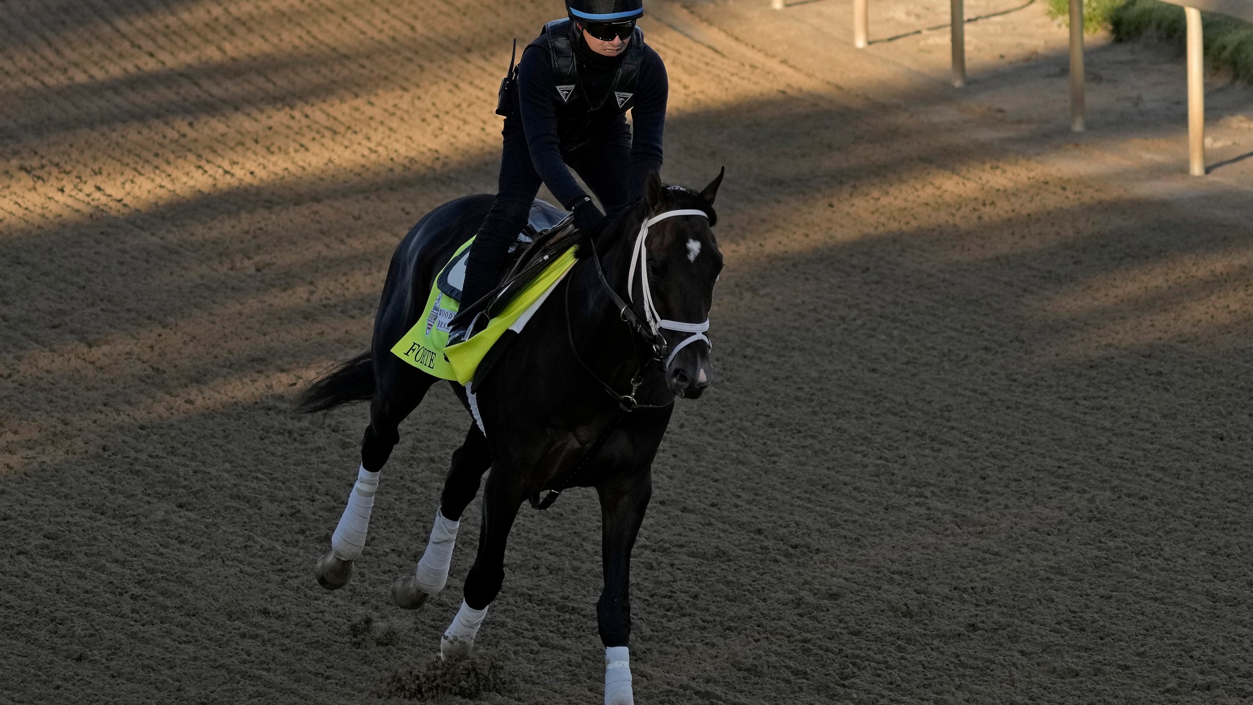 Kentucky Derby hopeful Forte works out at Churchill Downs Wednesday, May 3, 2023, in Louisville, Ky. The 149th running of the Kentucky Derby is scheduled for Saturday, May 6. (AP Photo/Charlie Riedel)