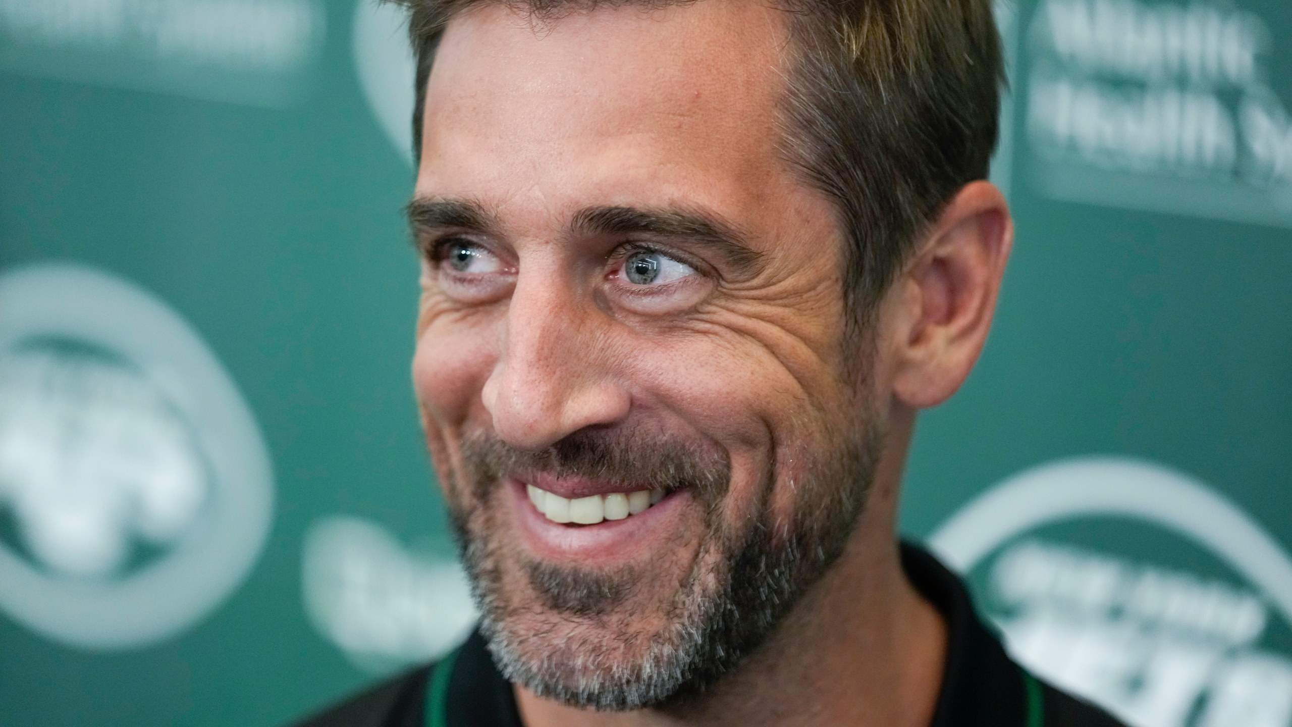 New York Jets' quarterback Aaron Rodgers talks to reporters after an NFL football press conference at the Jets' training facility in Florham Park, N.J., Wednesday, April 26, 2023. (AP Photo/Seth Wenig)