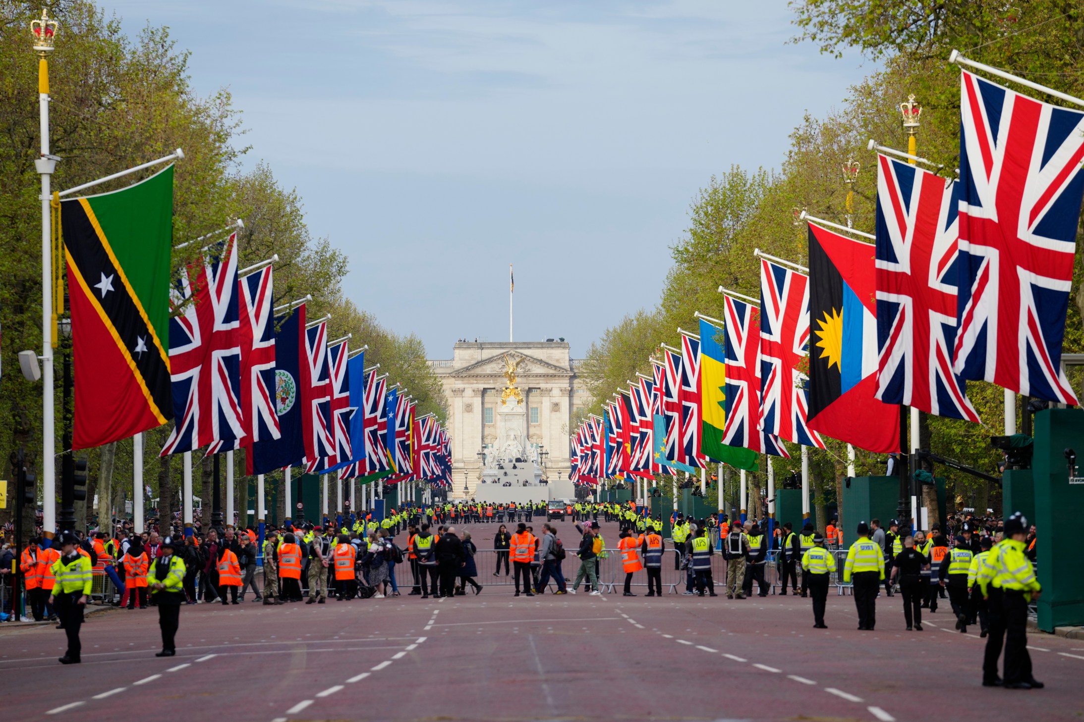 A general view of the Mall before coronation of Britain's King Charles III in London Saturday, May 6, 2023. (AP Photo/Jon Super, Pool)