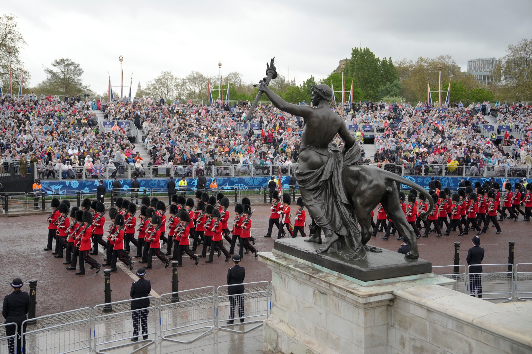 Foot Guards march at the Mall in preparation for the coronation ceremony for Britain's King Charles III in London Saturday, May 6, 2023. (AP Photo/Vadim Ghirda)