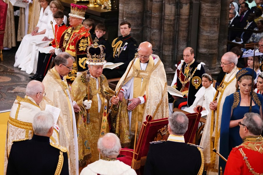 Britain's King Charles III wears St Edward's Crown during his coronation ceremony in Westminster Abbey, London, Saturday May 6, 2023. (Yui Mok, Pool via AP)