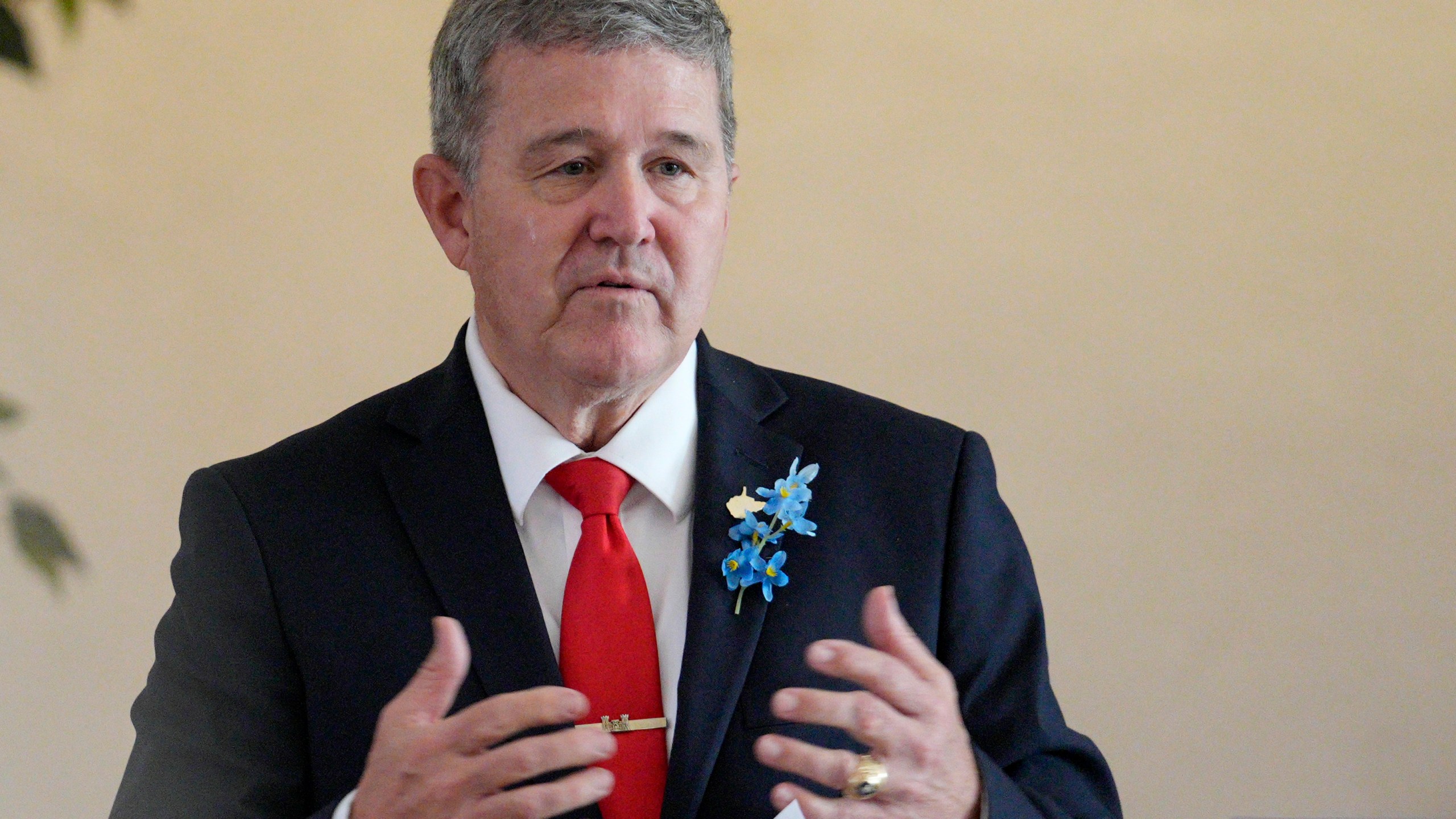 FILE - West Virginia gubernatorial candidate Mac Warner speaks to supporters at a campaign event at the Charleston Women's Club in Charleston, W.Va., Thursday, May 4, 2023. Secretary of State Mac Warner and Attorney General Patrick Morrisey say they remain concerned U.S. President Joe Biden's victory was not legitimate. That's despite repeated investigations, audits and court cases concluding there was no evidence of widespread voter fraud or improper counting that could have changed the results. (AP Photo/Jeff Dean, File)