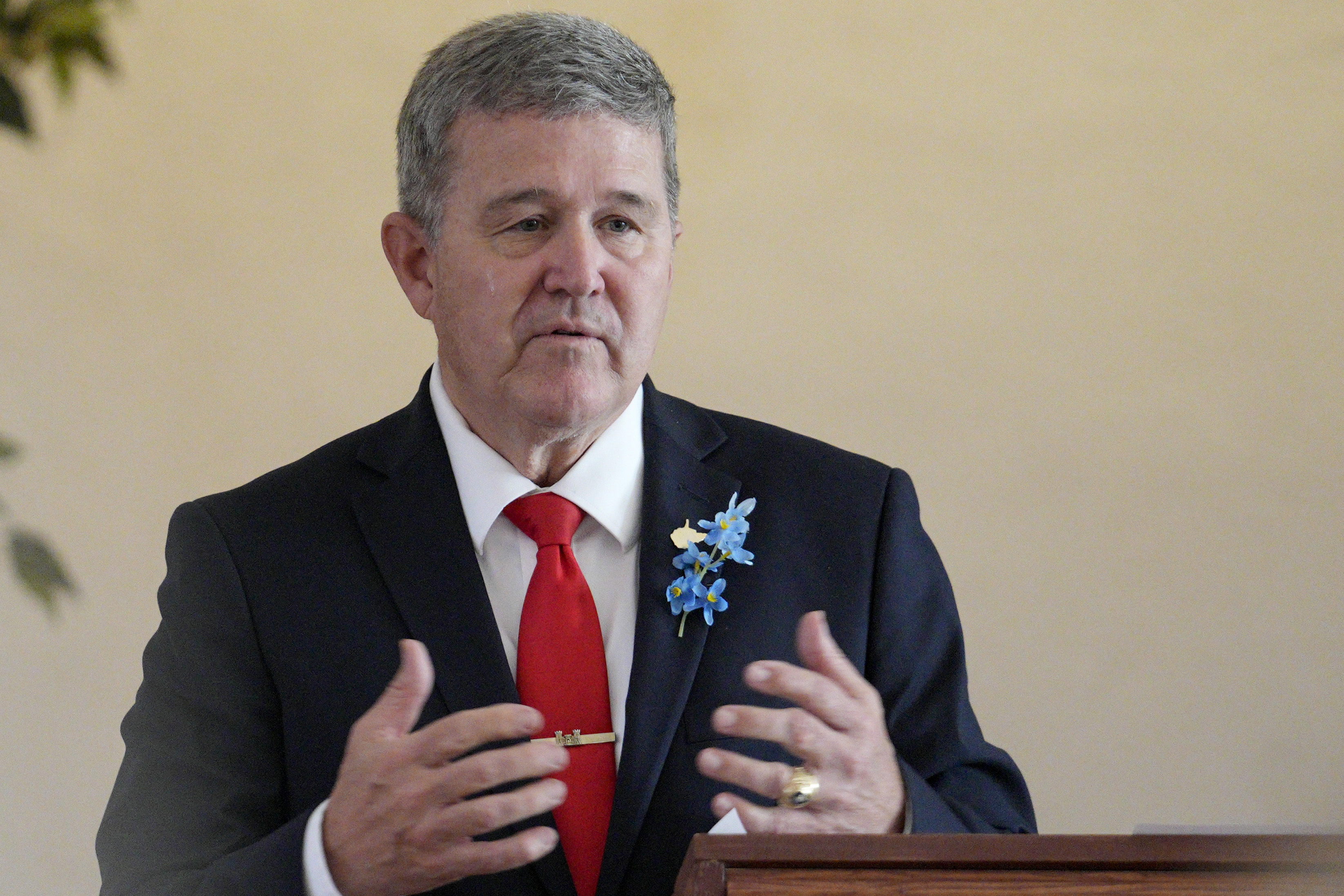 FILE - West Virginia gubernatorial candidate Mac Warner speaks to supporters at a campaign event at the Charleston Women's Club in Charleston, W.Va., Thursday, May 4, 2023. Secretary of State Mac Warner and Attorney General Patrick Morrisey say they remain concerned U.S. President Joe Biden's victory was not legitimate. That's despite repeated investigations, audits and court cases concluding there was no evidence of widespread voter fraud or improper counting that could have changed the results. (AP Photo/Jeff Dean, File)