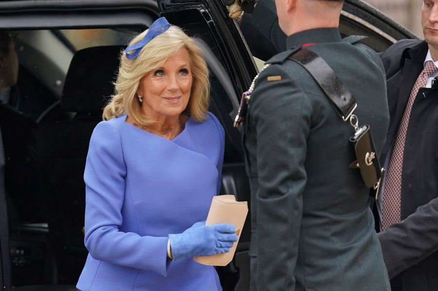 US First Lady Jill Biden arrives at Westminster Abbey prior to the coronation ceremony of Britain's King Charles III in London Saturday, May 6, 2023. (Jacob King/PA via AP)