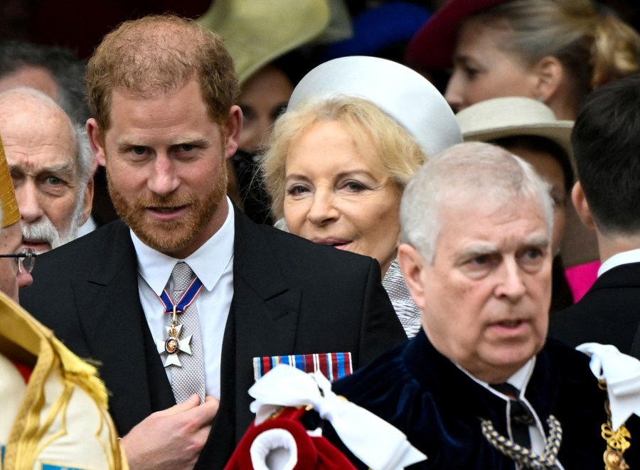 Britain's Prince Harry, Duke of Sussex, and Prince Andrew leave Westminster Abbey following the coronation ceremony of Britain's King Charles and Queen Camilla, in London, Saturday, May 6, 2023. (Toby Melville, Pool via AP)