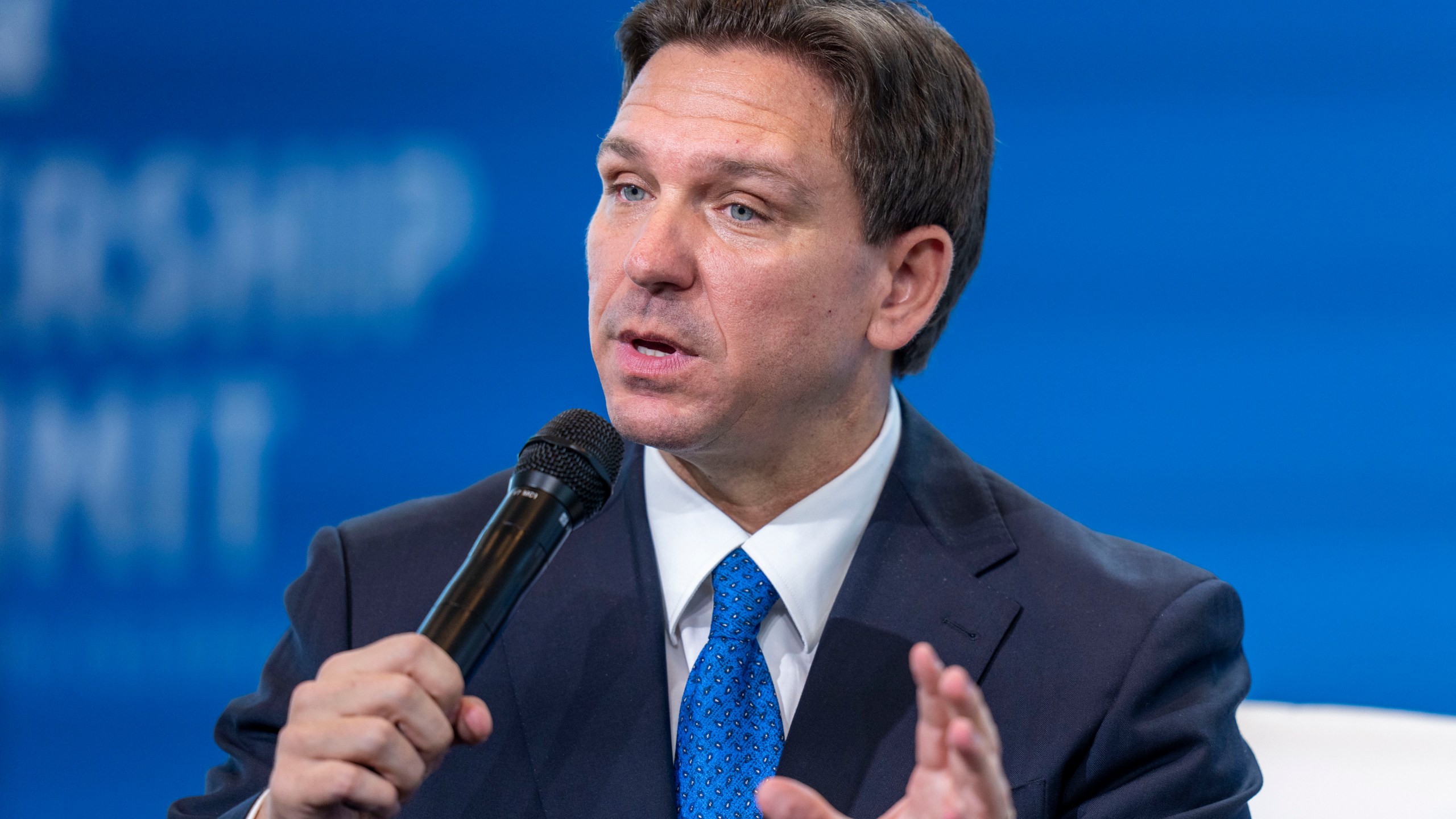 FILE - Florida Gov. Ron DeSantis speaks at the Heritage Foundation 50th Anniversary Celebration leadership summit, Friday, April 21, 2023, in Oxon Hill, Md. (AP Photo/Alex Brandon, File)