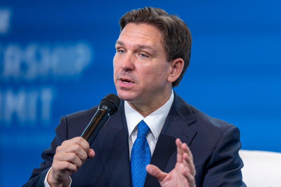 FILE - Florida Gov. Ron DeSantis speaks at the Heritage Foundation 50th Anniversary Celebration leadership summit, Friday, April 21, 2023, in Oxon Hill, Md. (AP Photo/Alex Brandon, File)