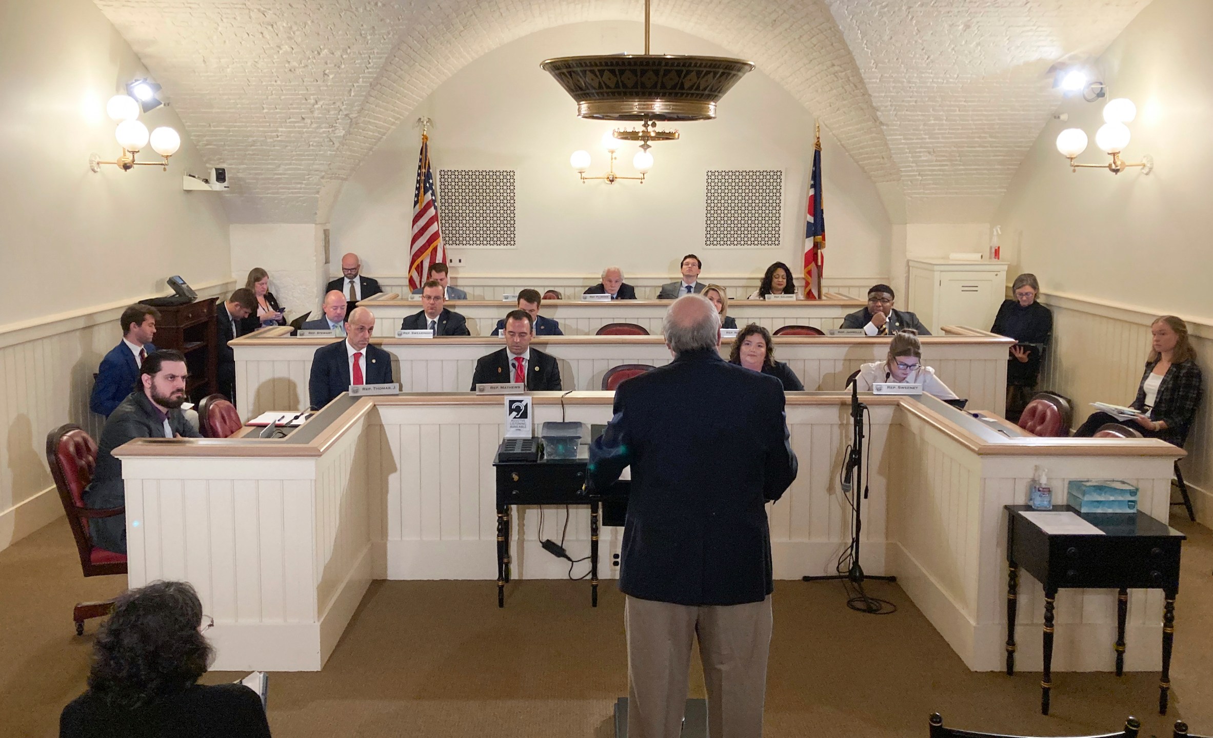 Members of the Ohio House Constitutional Resolutions Committee hear opponent testimony Tuesday, May 2, 2023, at the Ohio Statehouse in Columbus, Ohio, on a resolution that would seek voter approval for requiring a 60% supermajority vote on all future amendments to the Ohio Constitution. (AP Photo/Julie Carr Smyth)