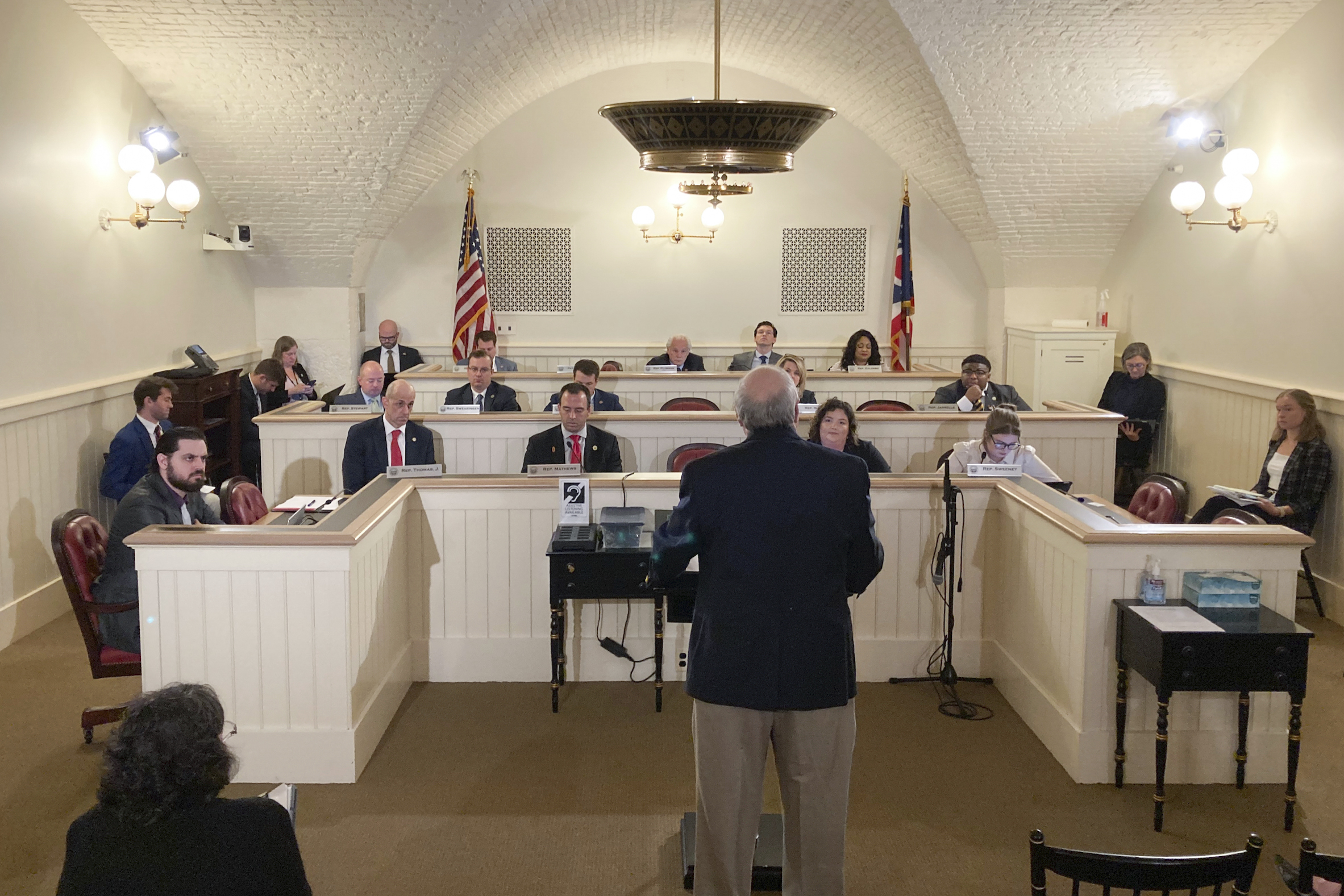 Members of the Ohio House Constitutional Resolutions Committee hear opponent testimony Tuesday, May 2, 2023, at the Ohio Statehouse in Columbus, Ohio, on a resolution that would seek voter approval for requiring a 60% supermajority vote on all future amendments to the Ohio Constitution. (AP Photo/Julie Carr Smyth)