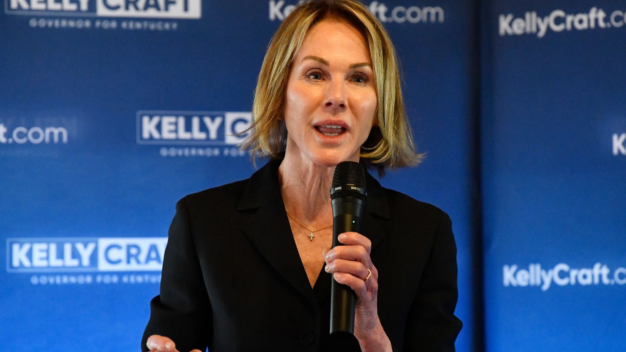 Kentucky gubernatorial candidate Kelly Craft speaks with supporters during a campaign stop in Liberty, Ky., Wednesday, May 3, 2023. (AP Photo/Timothy D. Easley)