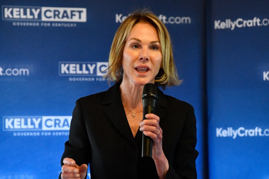 Kentucky gubernatorial candidate Kelly Craft speaks with supporters during a campaign stop in Liberty, Ky., Wednesday, May 3, 2023. (AP Photo/Timothy D. Easley)