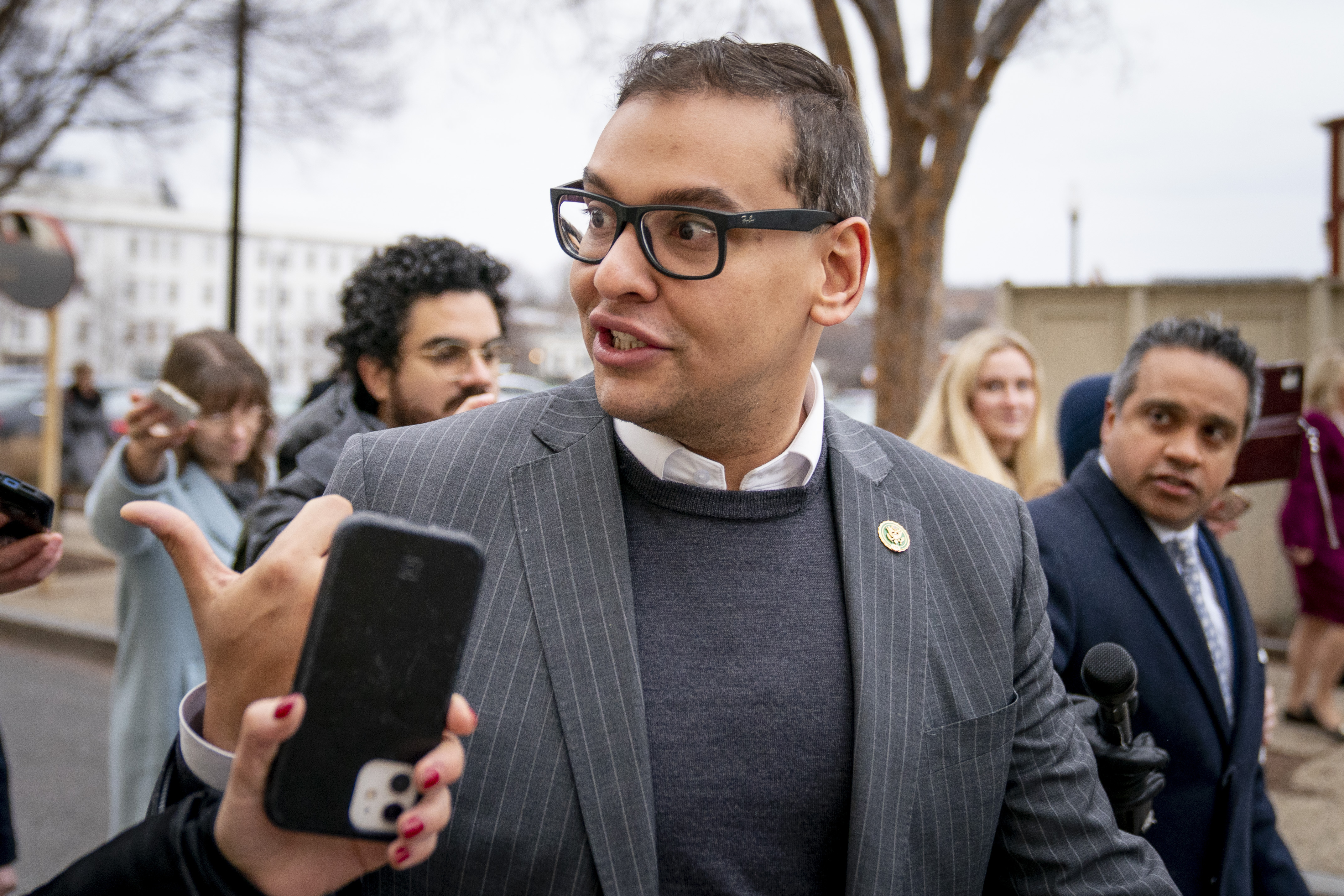 FILE - Rep. George Santos, R-N.Y., leaves a House GOP conference meeting on Capitol Hill in Washington, Jan. 25, 2023. (AP Photo/Andrew Harnik, File)