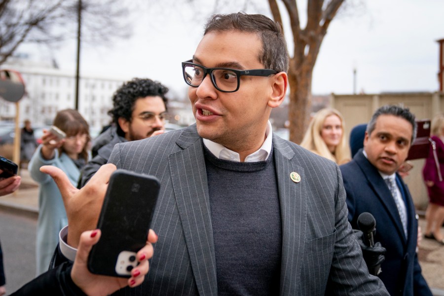 FILE - Rep. George Santos, R-N.Y., leaves a House GOP conference meeting on Capitol Hill in Washington, Jan. 25, 2023. (AP Photo/Andrew Harnik, File)