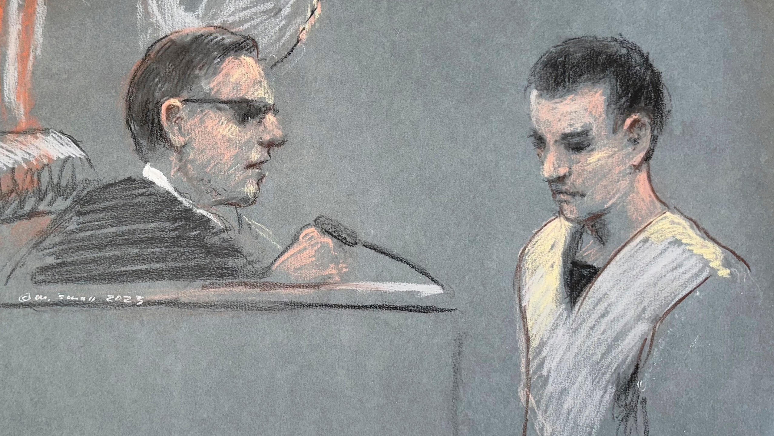 FILE - The artist sketch depicts Massachusetts Air National Guardsman Jack Teixeira, right, appearing in U.S. District Court in Boston, April 14, 2023. A bipartisan group of senators has introduced legislation that would require the National Archives to screen documents leaving the White House for classified material. It's the first major proposal to respond to a series of intelligence breaches over the last year. (Margaret Small via AP)