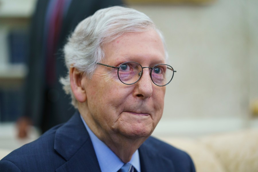 Senate Minority Leader Mitch McConnell of Ky., listens as President Joe Biden speaks before a meeting to discuss the debt limit in the Oval Office of the White House, Tuesday, May 9, 2023, in Washington. (AP Photo/Evan Vucci)