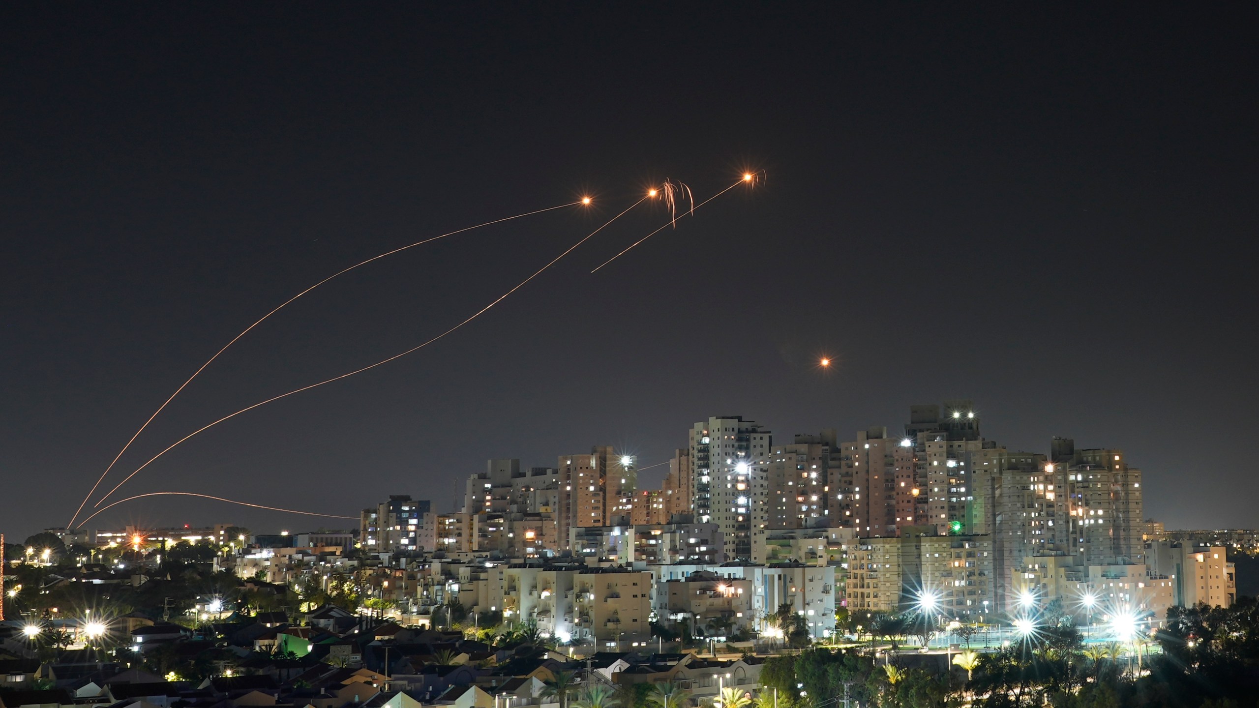 Israel's Iron Dome anti-missile system fires to intercept rockets launched from the Gaza Strip towards Israel, Wednesday, May 10, 2023. (AP Photo/Tsafrir Abayov)