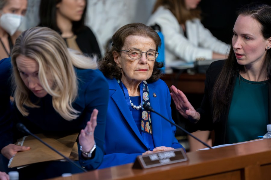 Sen. Dianne Feinstein, D-Calif., is flanked by aides as she returns to the Senate Judiciary Committee following a more than two-month absence as she was being treated for a case of shingles, at the Capitol in Washington, Thursday, May 11, 2023. Senate Judiciary Committee Chairman Dick Durbin, D-Ill., has been delayed in advancing many of President Joe Biden's judicial nominees because of the 89-year-old Feinstein's absence. (AP Photo/J. Scott Applewhite)