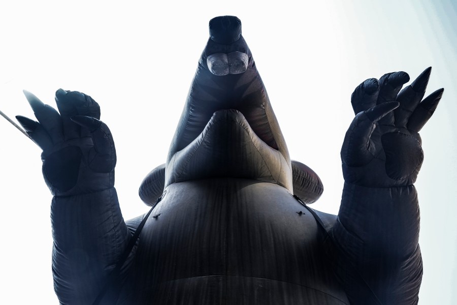 Scabby, a giant inflatable rat used by organized labor, stands at a union action outside a Petco on Wednesday, March 29, 2023, in New York. For decades, inflatable rates like Scabby have been looming over union protests, drawing attention to construction sites or companies with labor disputes. (AP Photo/Bebeto Matthews)