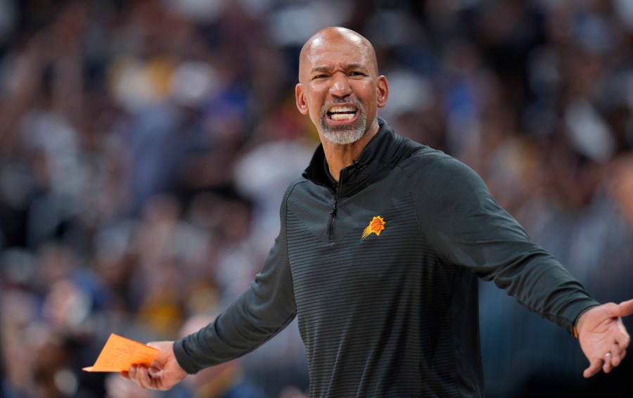 Phoenix Suns coach Monty Williams argues for a call during the second half of Game 5 of the team's NBA Western Conference basketball semifinal playoff series against the Denver Nuggets on Tuesday, May 9, 2023, in Denver. (AP Photo/David Zalubowski)