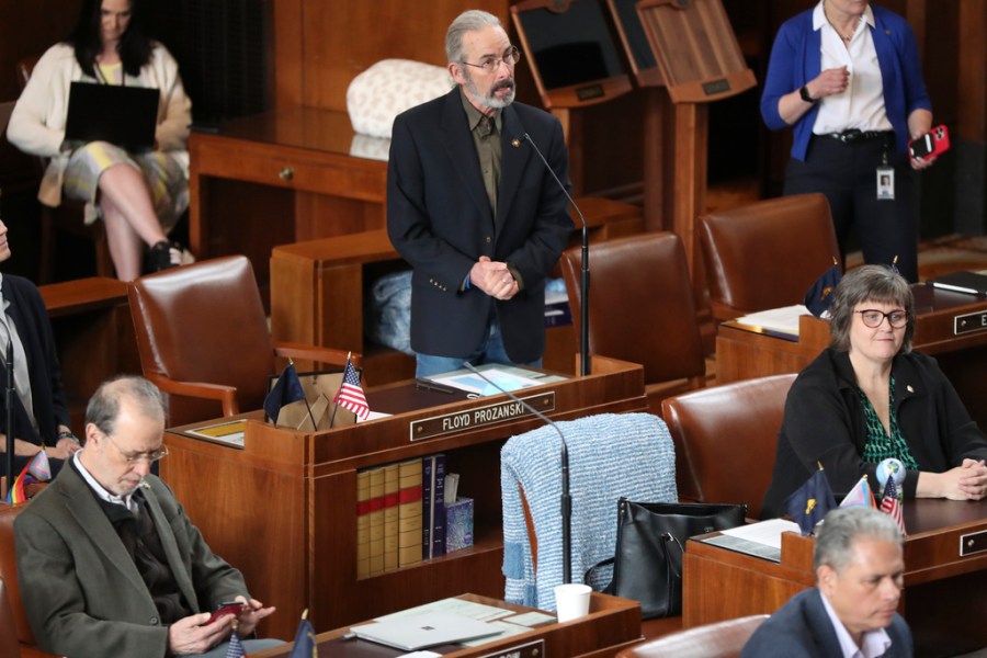 Democratic state Sen. Floyd Prozanski addresses the floor during the courtesies portion of a Senate session at the Oregon State Capitol in Salem, Ore., Friday, May 5, 2023. (AP Photo/Amanda Loman)