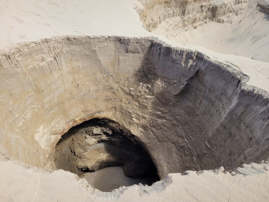 A second sinkhole was discovered in Cape Kiwanda State Natural Area on the Oregon coast on May 8, 2023. Photo courtesy Oregon Parks and Recreation Department