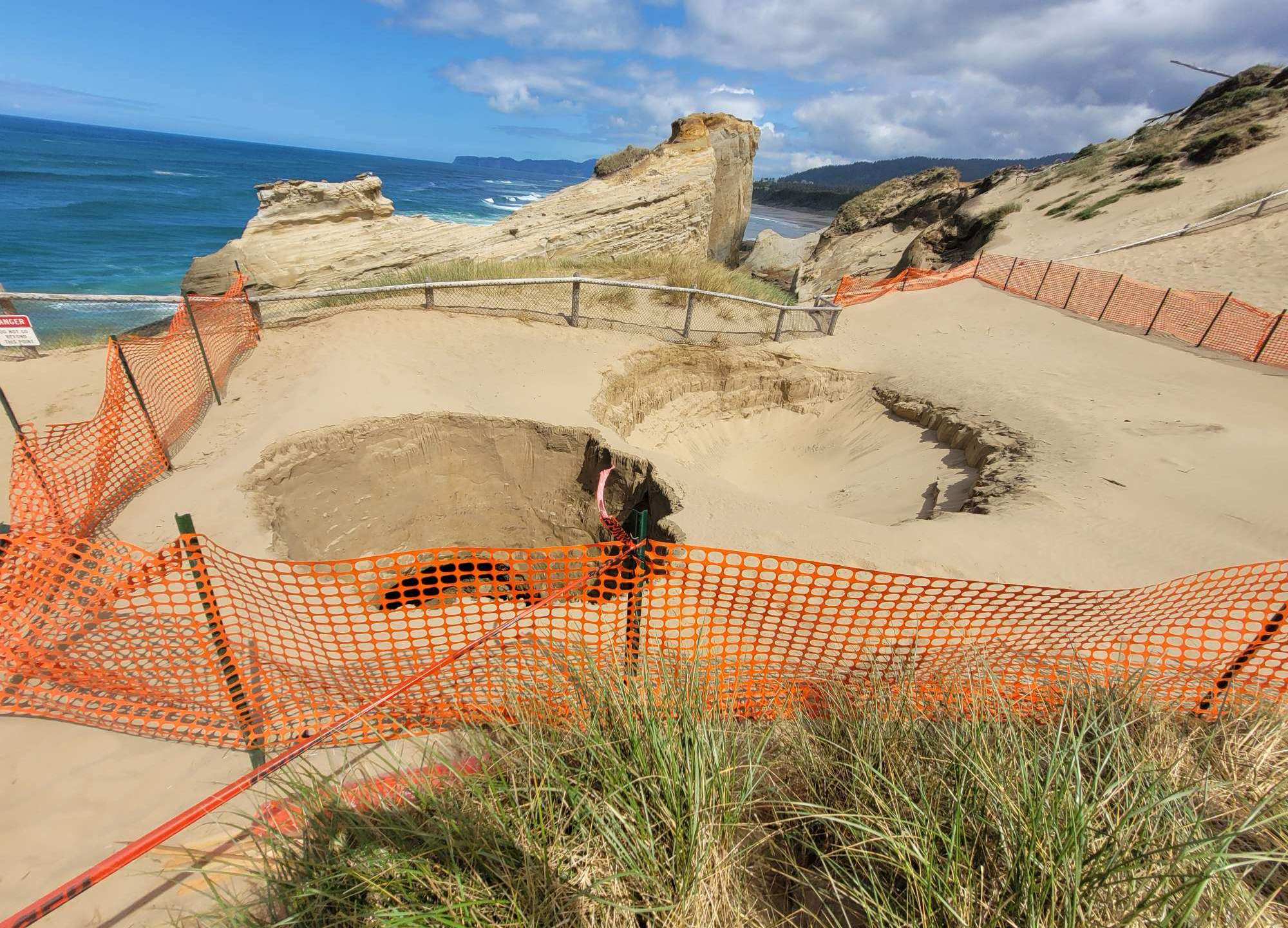 A second sinkhole was discovered in Cape Kiwanda State Natural Area on the Oregon coast on May 8, 2023. Photo courtesy Oregon Parks and Recreation Department