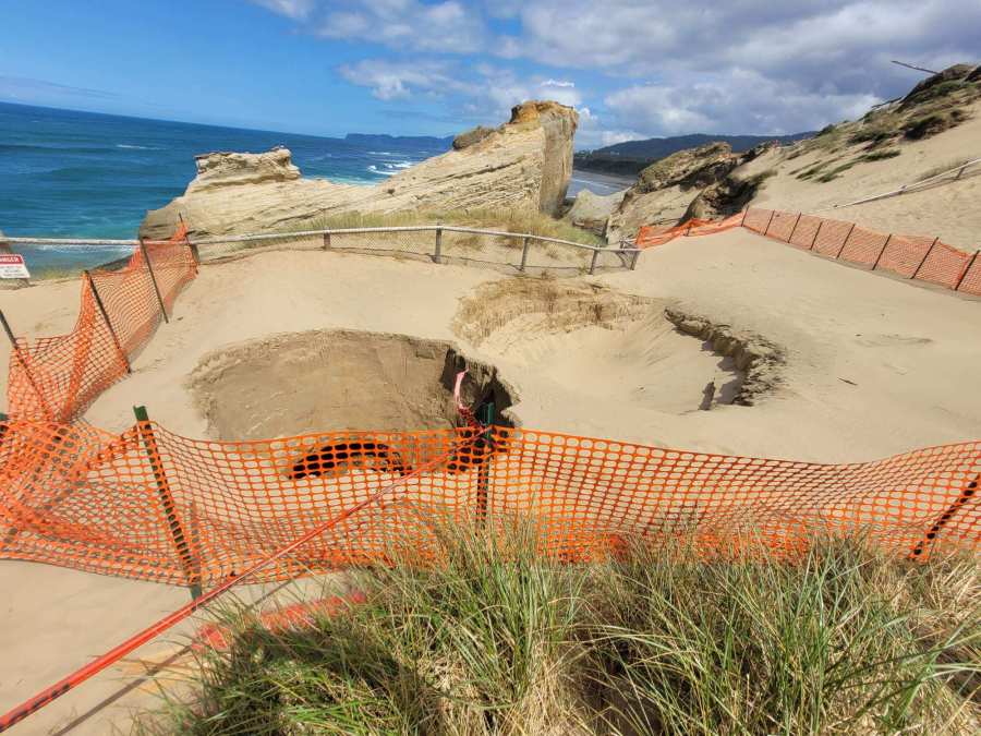 A second sinkhole was discovered in Cape Kiwanda State Natural Area on the Oregon coast on May 8, 2023. Photo courtesy Oregon Parks and Recreation Department