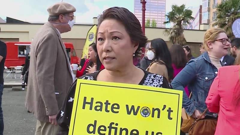 Multnomah County Commissioner Lori Stegmann at an Oregon Rises Above Hate rally, May 6, 2023 (KOIN)